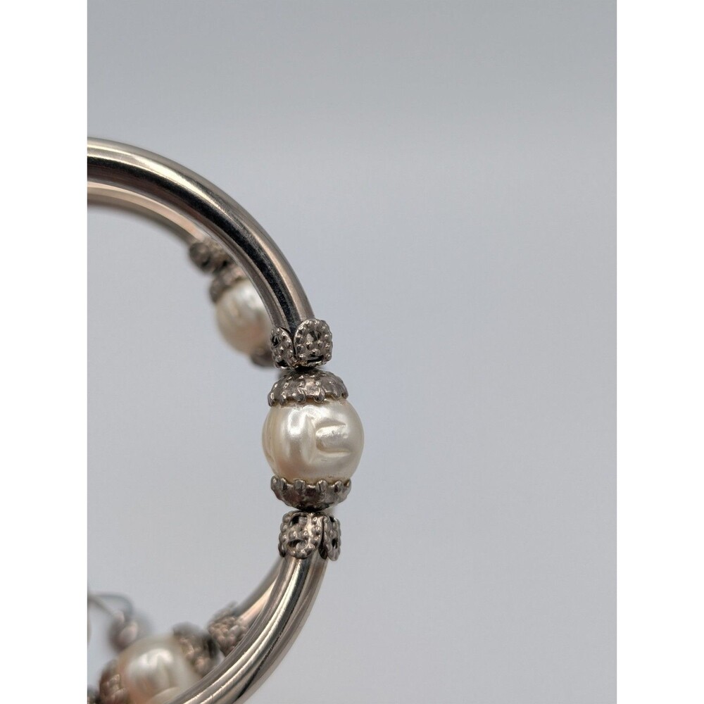 Vintage 1950s Silver Tone Faux Baroque Pearl Wrap Bangle Chain Tassel Bracelet image 5
